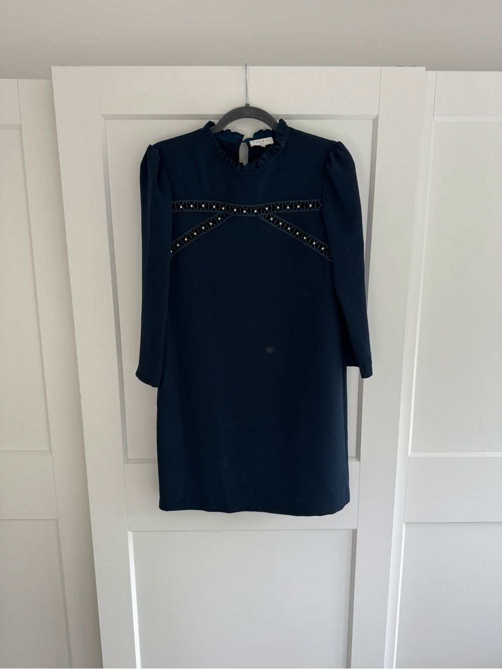 Sandro Navy Long-Sleeve Embellished Shift Dress with cutouts pearls